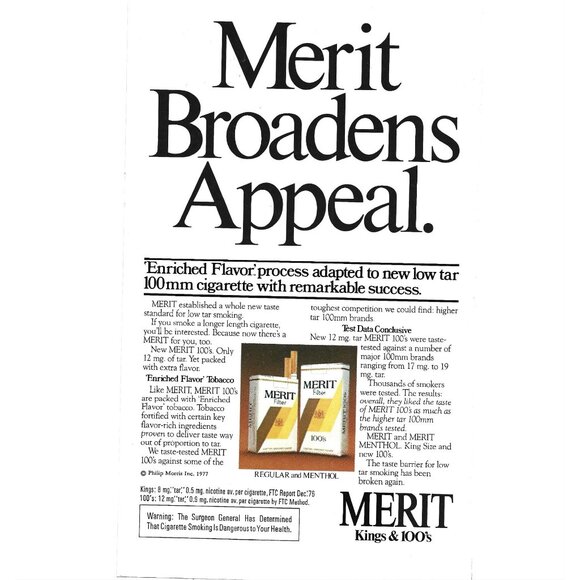 Vintage 1977 Merit Cigarette Print Ad Kings 100s - Picture 1 of 2